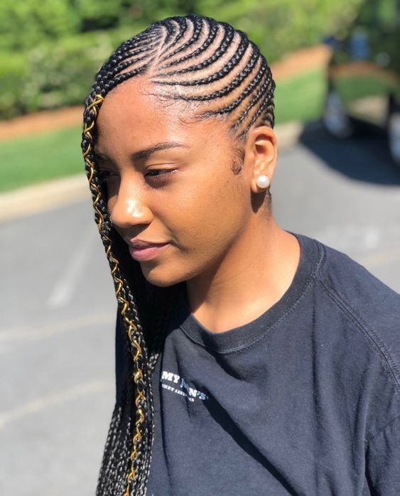 Mid-Back Side Cornrows With Gold Thread — Simple Side Part Braids