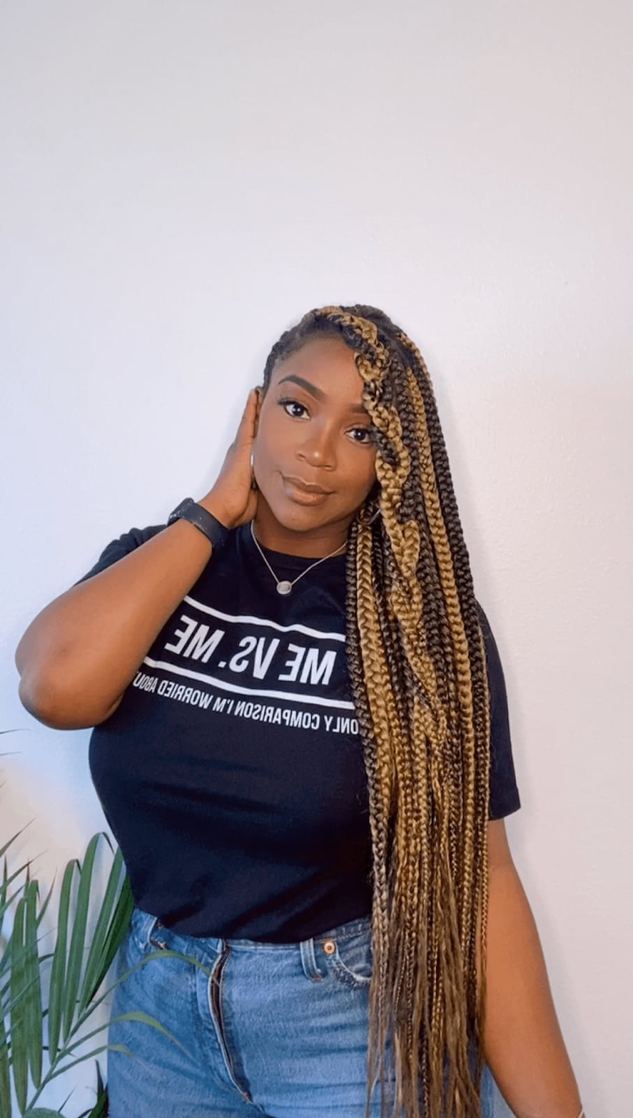 Thick Mid-Back Box Braids With Blonde Streaks — Simple Side Part Braids