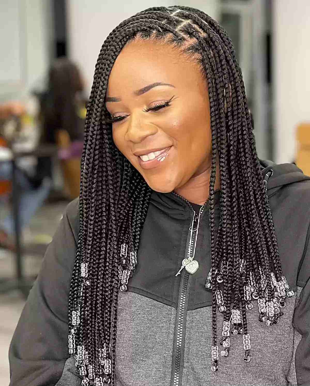 Collarbone Box Braids With Clear Beads — Simple Side Part Braids