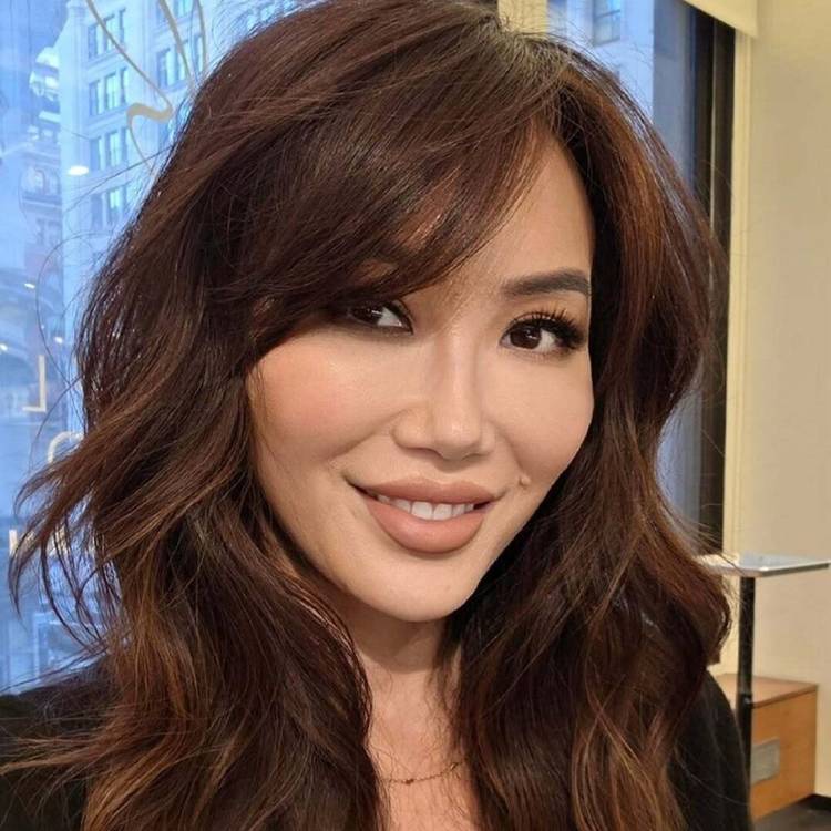 Mid-Back Dark Brown Balayage With Side Bangs — Simple Side Swept Bangs