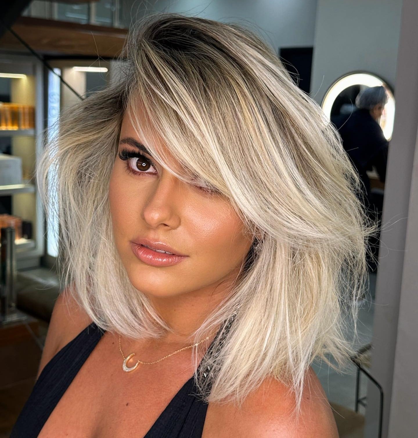 Blonde Balayage Collarbone Layers With Side Bangs — Simple Side Swept Bangs