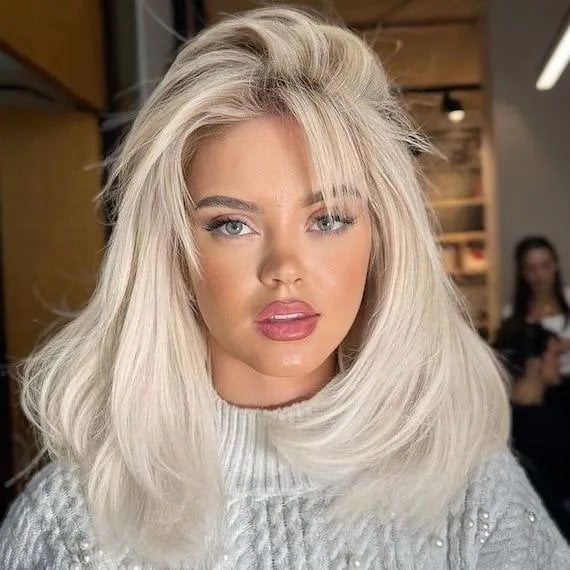 Platinum Blonde Collarbone Layers With Swept Bangs, Straight — Simple Side Swept Bangs