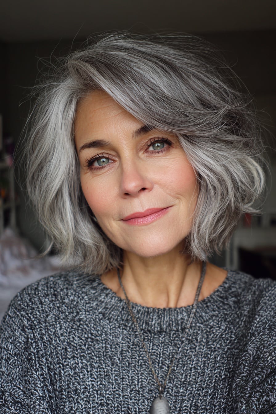 Wavy Chin Length Bob With Silver Highlights, Side-Swept — Simple Silver Highlights