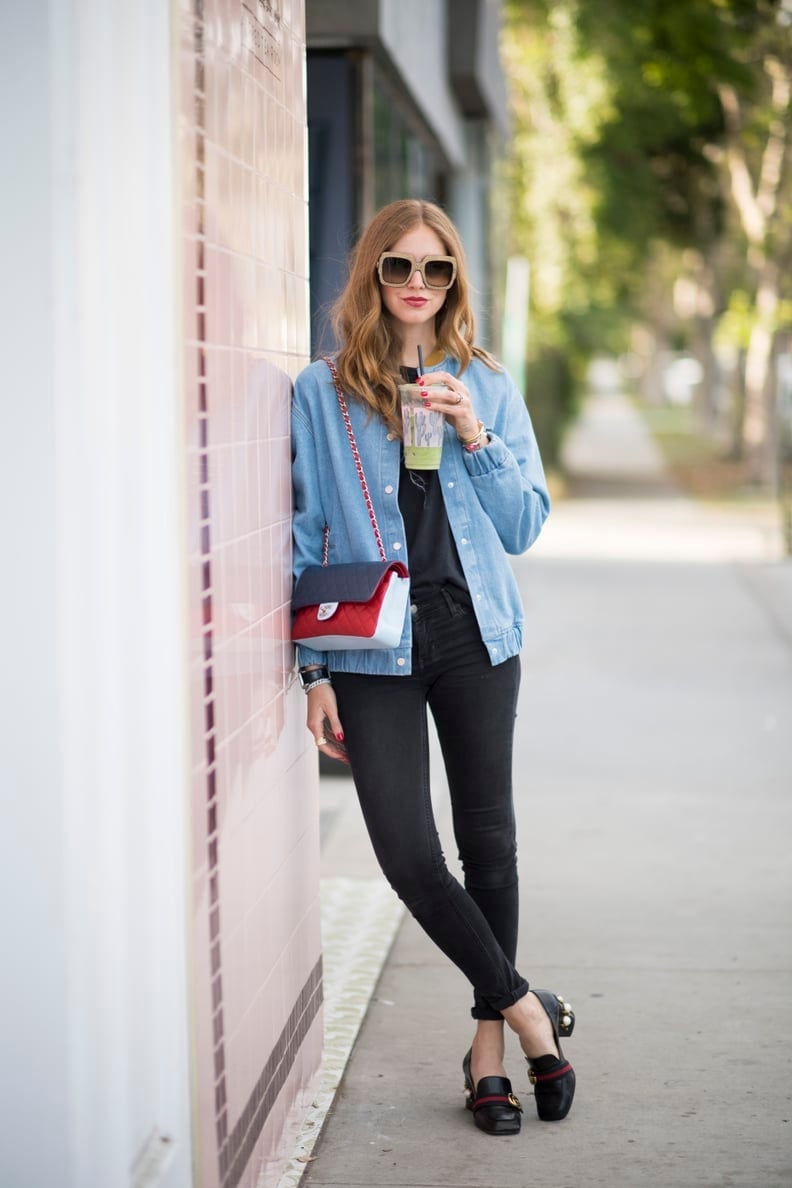 Black Skinny Jeans with Denim Bomber Jacket and Loafers — Simple Skinny Jeans Outfits