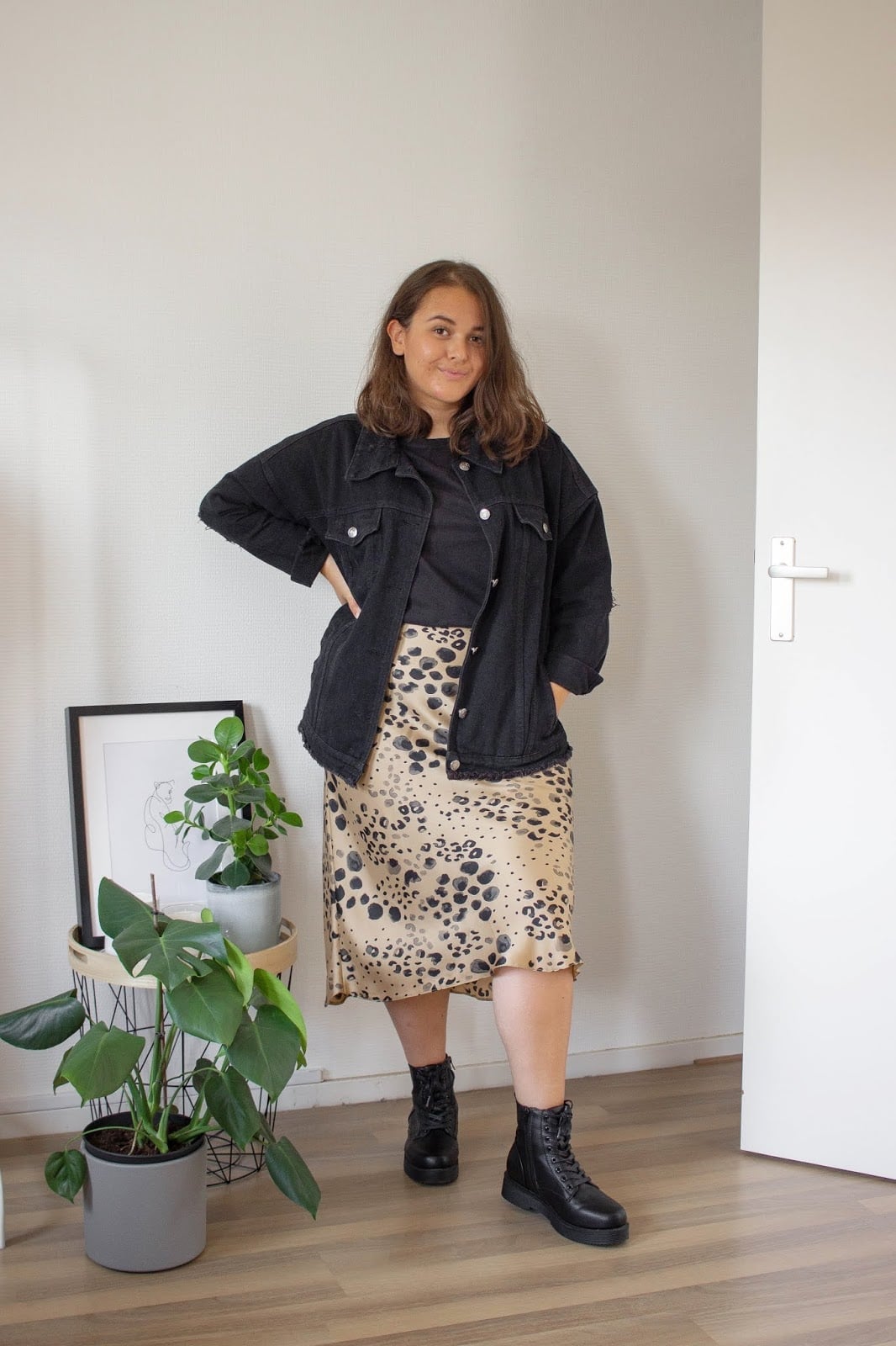 Leopard Print Midi Skirt with Black Tee and Denim Jacket — Simple Skirt Outfit Plus Size