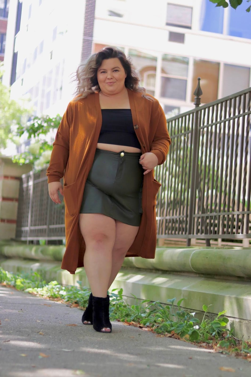 Olive Faux Leather Mini Skirt with Rust Cardigan — Simple Skirt Outfit Plus Size