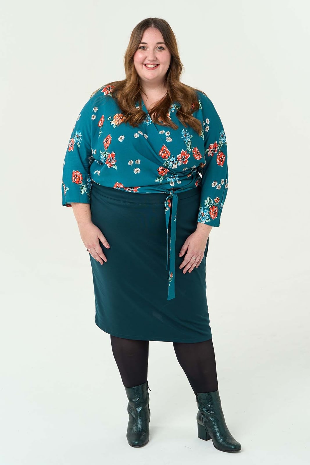 Teal Pencil Skirt with Floral Wrap Top and Dark Green Boots — Simple Skirt Outfit Plus Size