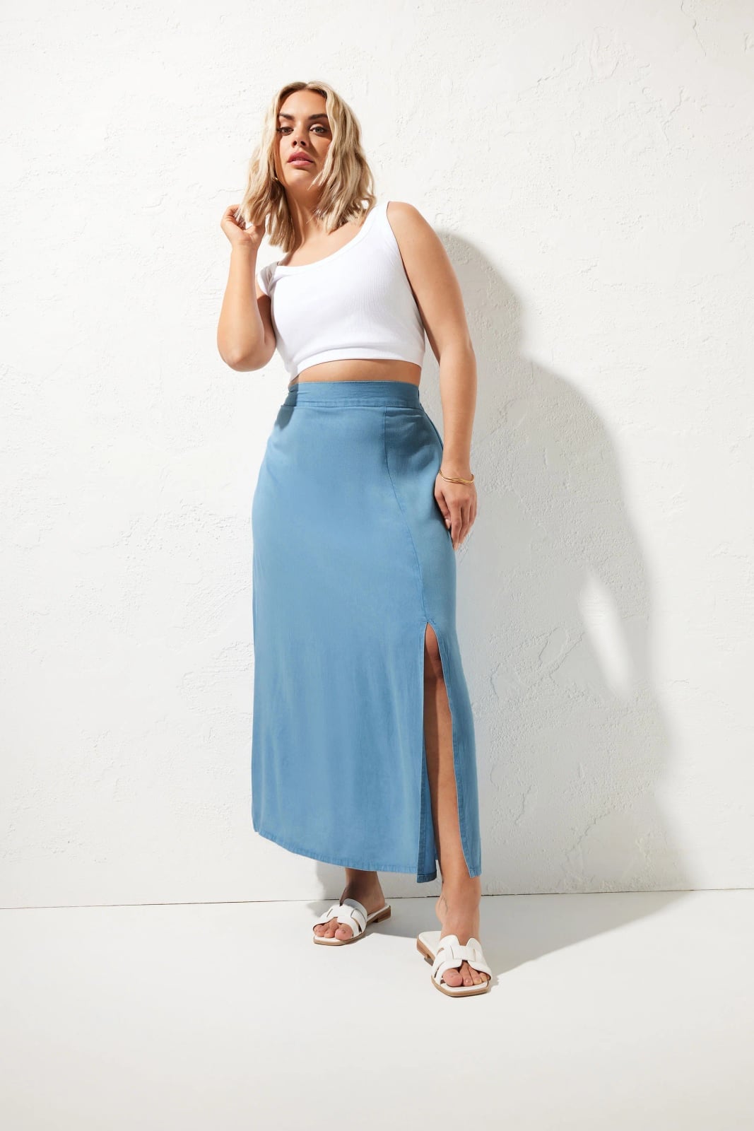 Blue Chambray Maxi Skirt with Side Slit and White Crop Top — Simple Skirt Outfit Plus Size