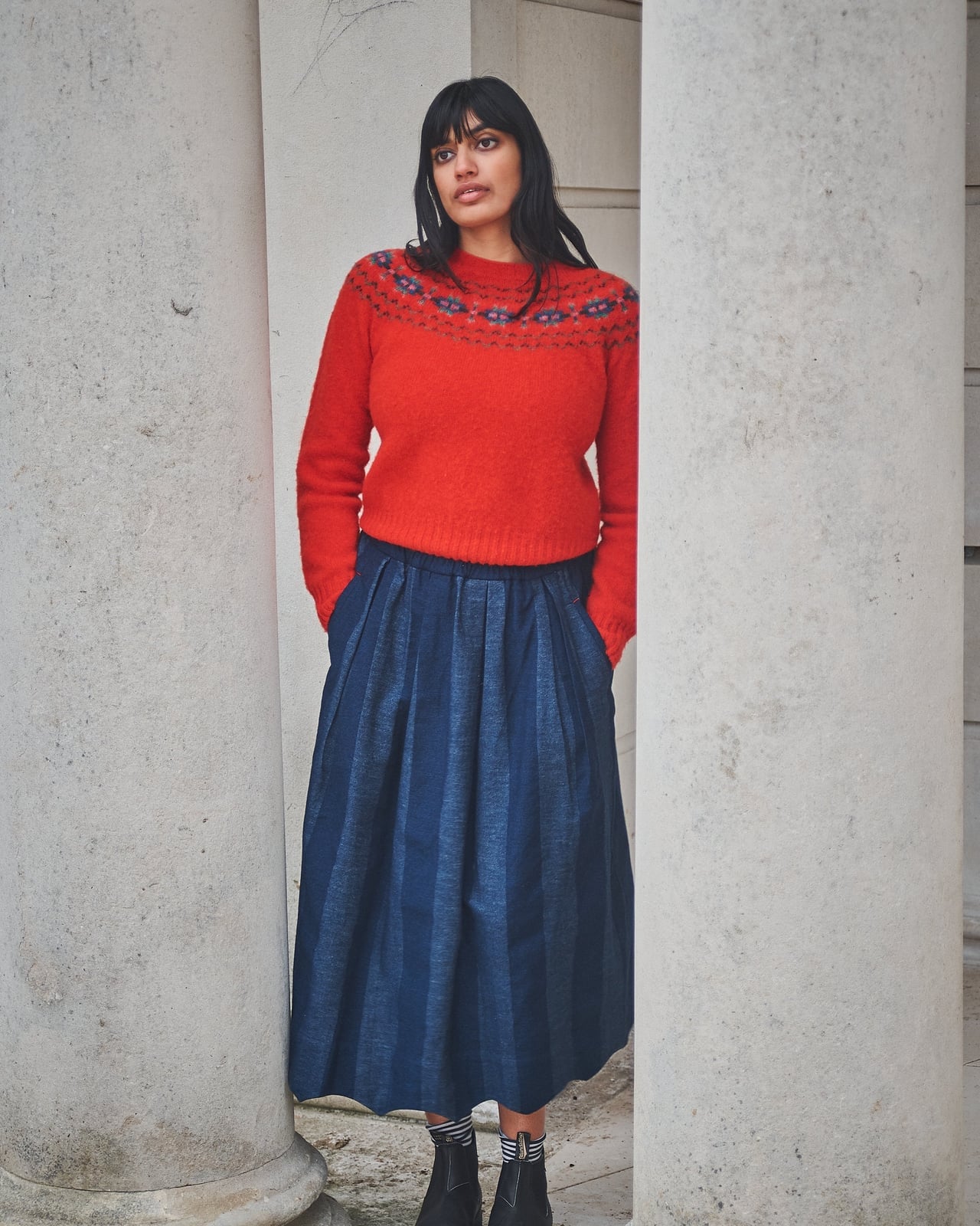 Blue Denim Pleated Midi Skirt with Red Sweater and Black Boots — Simple Skirt Outfit Plus Size