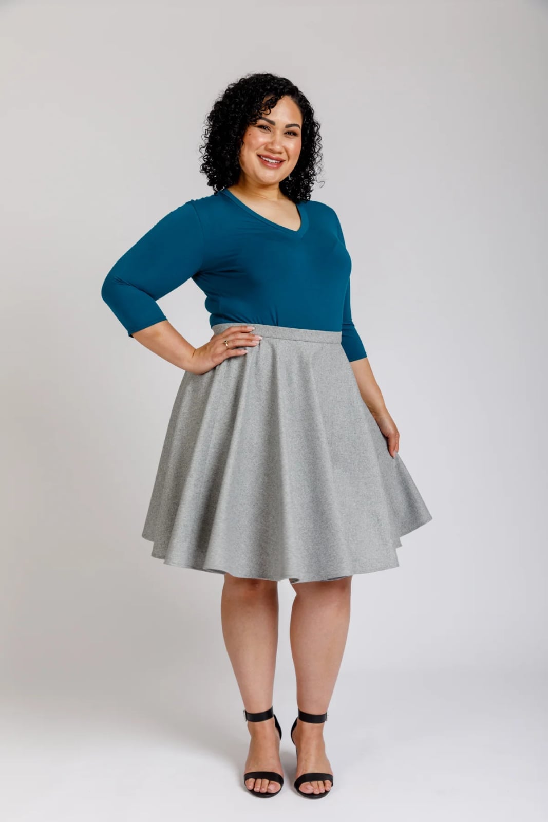 Grey Knit A Line Skirt with Teal 3/4 Sleeve Top — Simple Skirt Outfit Plus Size