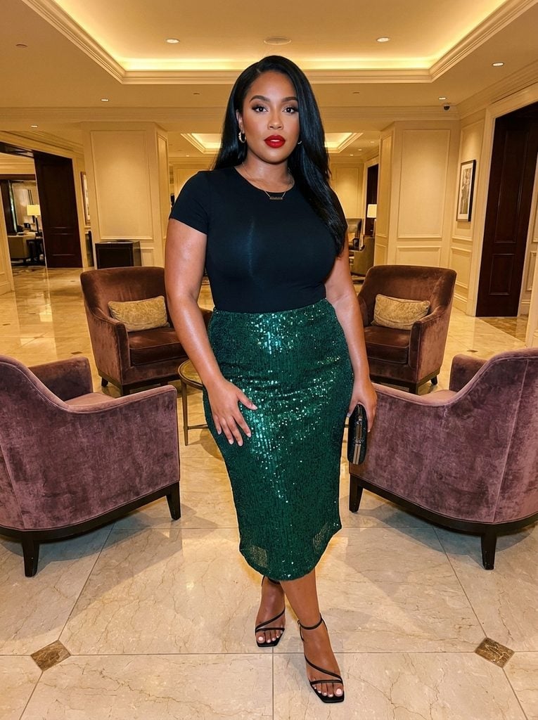 Emerald Sequin Midi Pencil Skirt with Black Top and Heels — Simple Skirt Outfit Plus Size