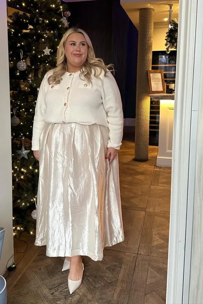 Metallic Sheen Maxi Skirt with Textured Knit Cardigan — Simple Skirt Outfit Plus Size