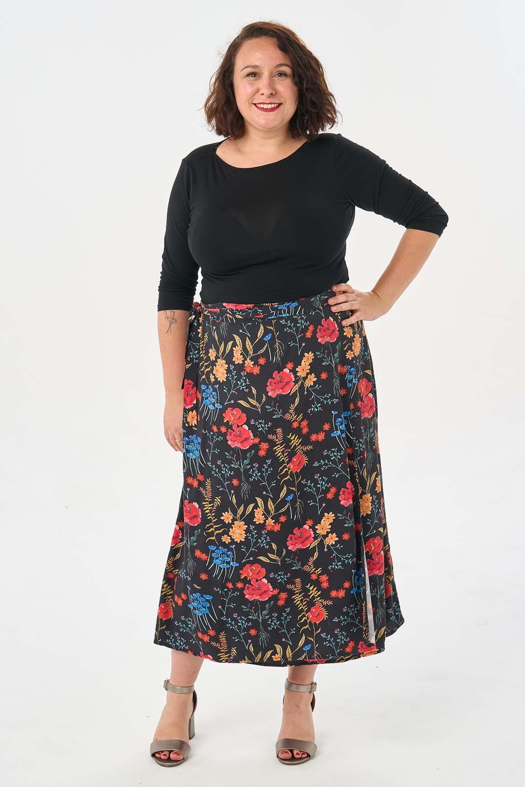 Floral Print Maxi Wrap Skirt with Black Long-Sleeve Top — Simple Skirt Outfit Plus Size