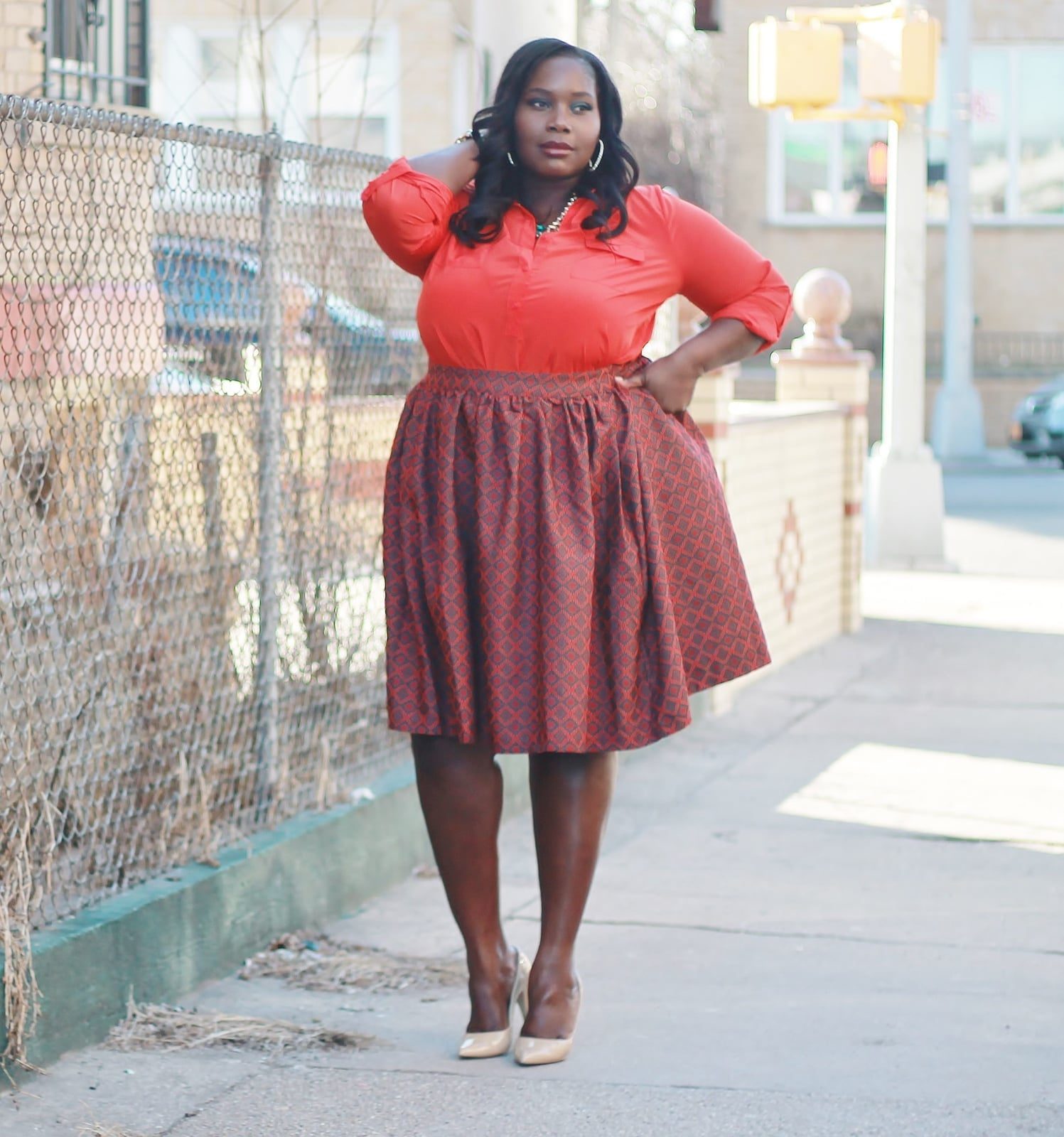 Geometric Print Flared Midi Skirt with Orange Button-Up Shirt — Simple Skirt Outfit Plus Size