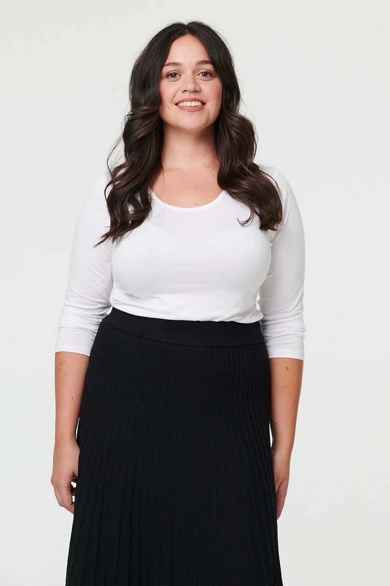 Black Ribbed Knit Midi Skirt with White Long Sleeve Top — Simple Skirt Outfit Plus Size