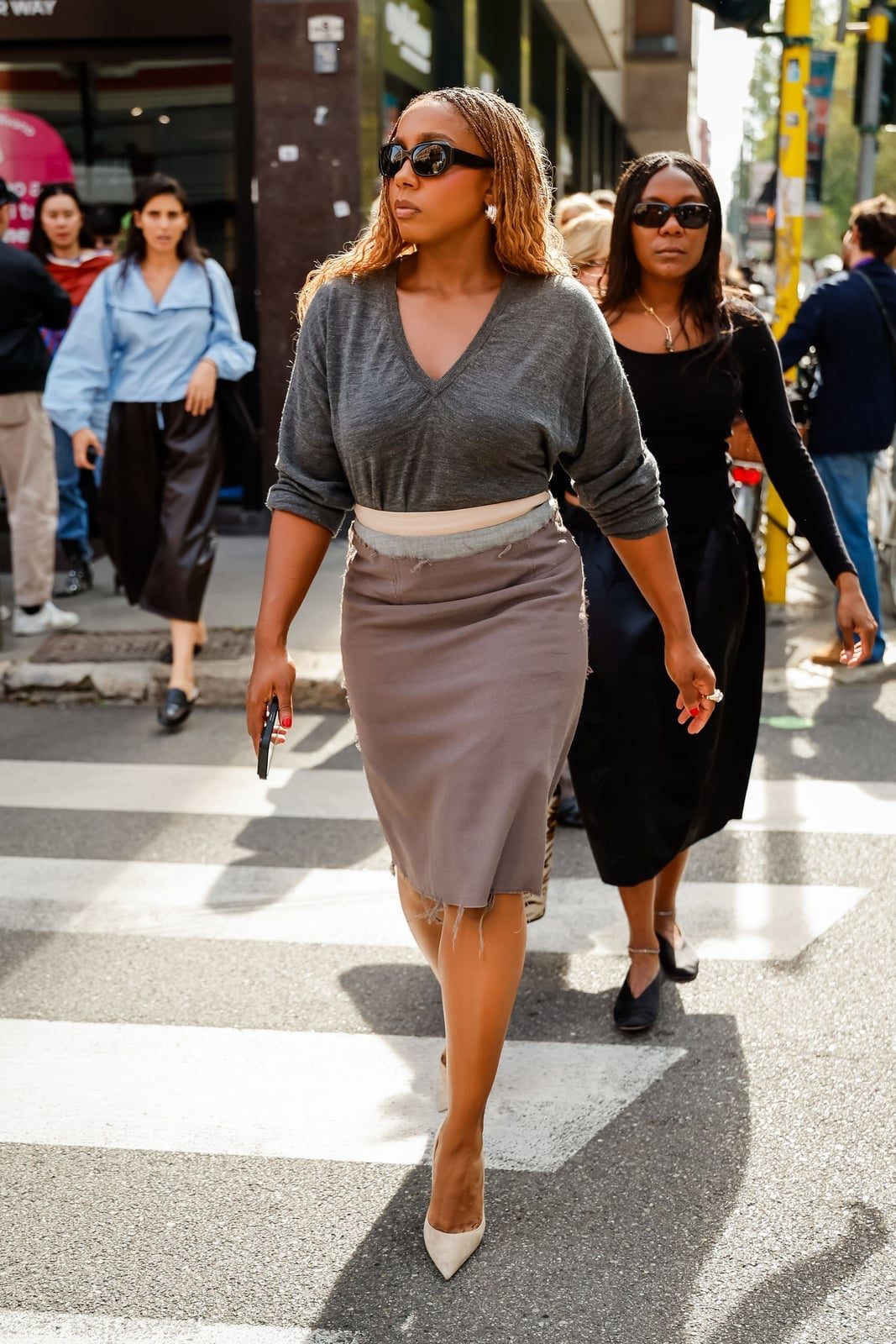 Taupe Linen Blend Pencil Skirt with Grey V Neck Sweater — Simple Skirt Outfit Plus Size