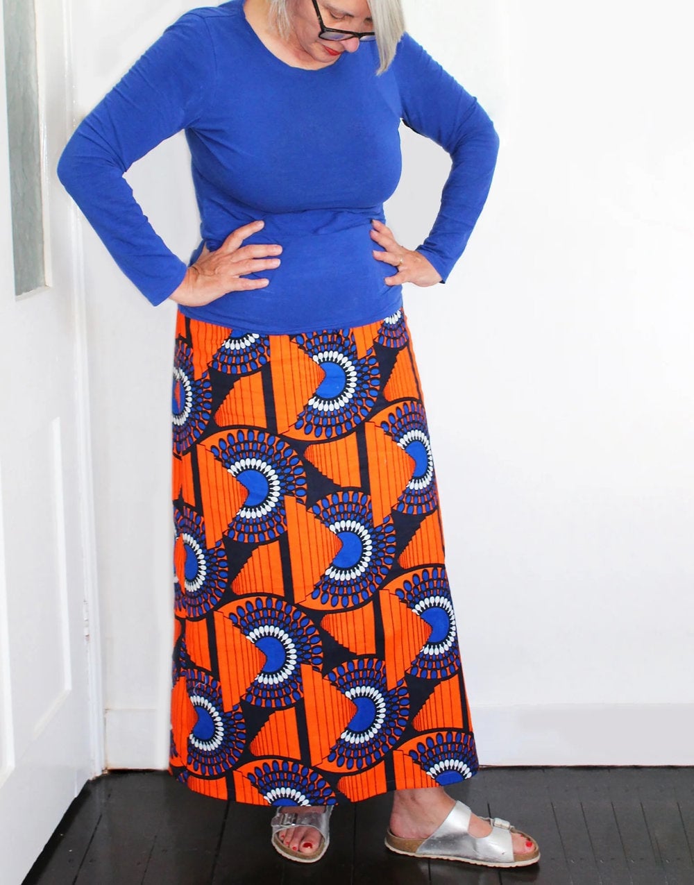 Geometric Print Maxi Skirt with Blue Long Sleeve Top — Simple Skirt Outfit Plus Size