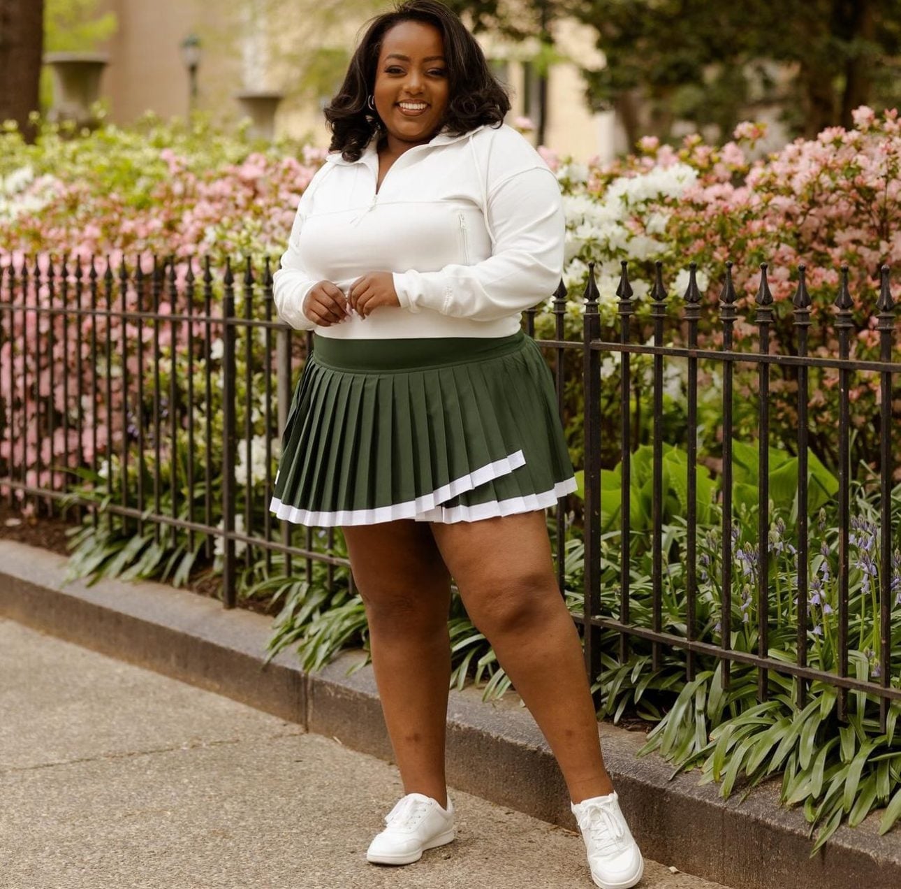 Olive Pleated Tennis Skirt with White Quarter Zip Top — Simple Skirt Outfit Plus Size
