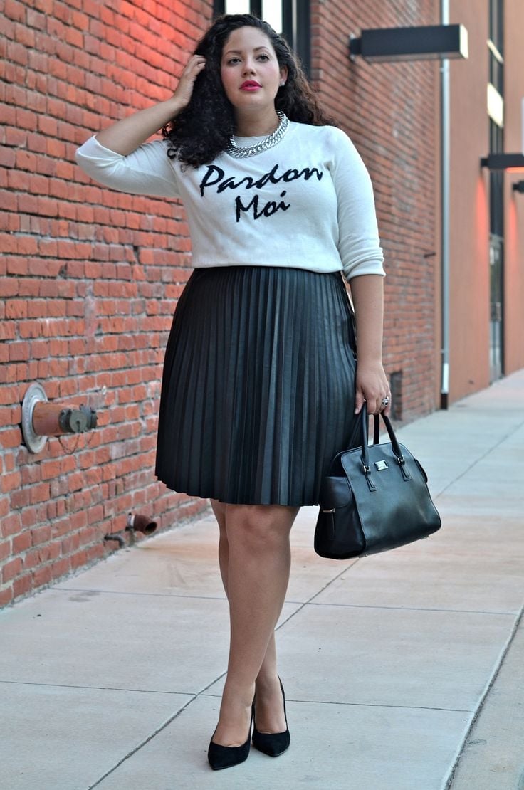 Black Pleated Faux Leather Midi Skirt with White Sweater — Simple Skirt Outfit Plus Size