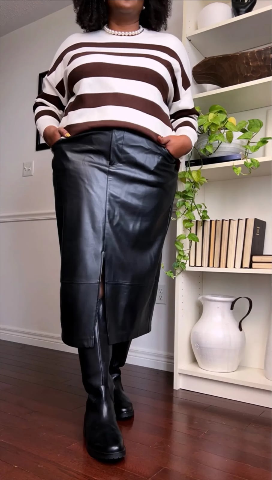Black Faux Leather Midi Skirt with Front Slit and Striped Sweater — Simple Skirt Outfit Plus Size