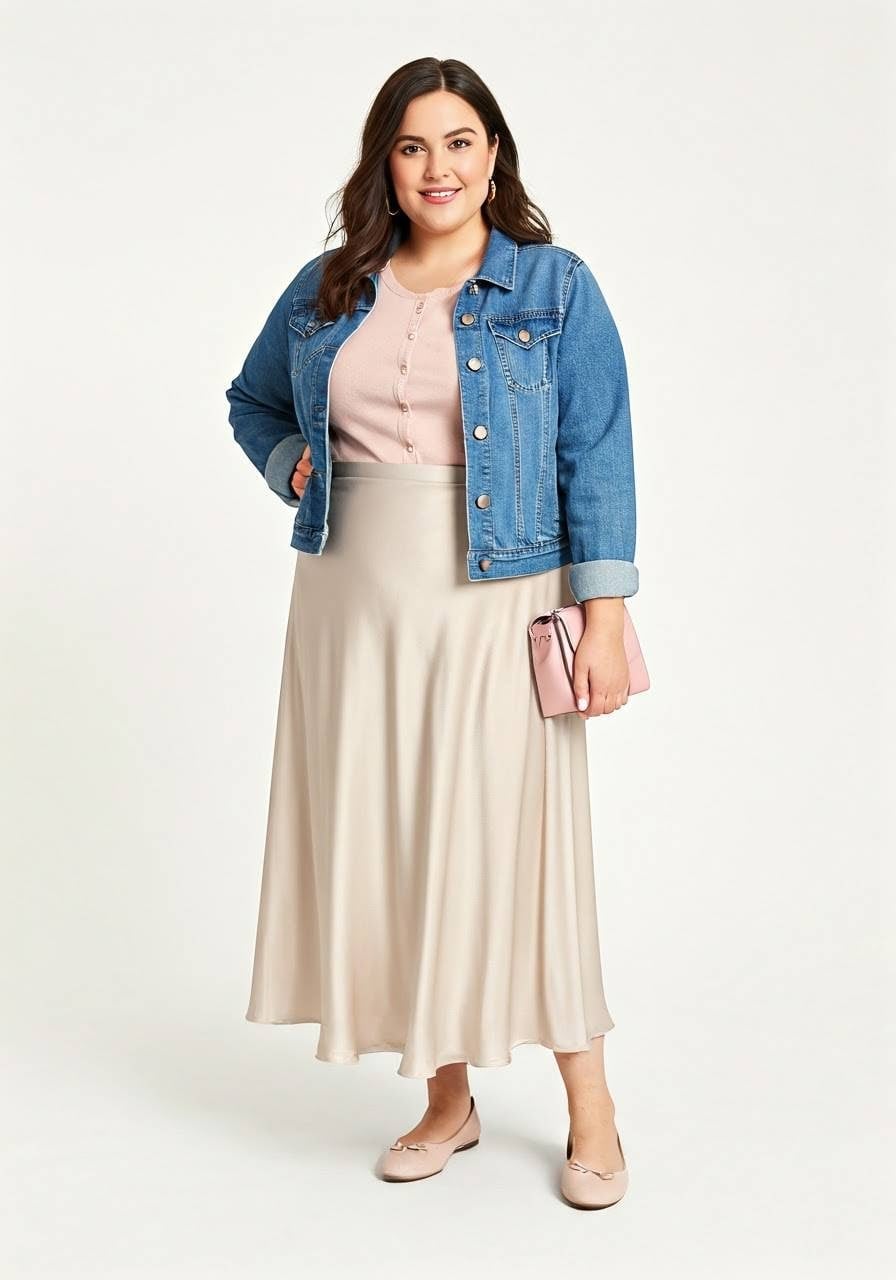 Beige Satin A Line Skirt with Denim Jacket and Pink Cardigan — Simple Skirt Outfit Plus Size