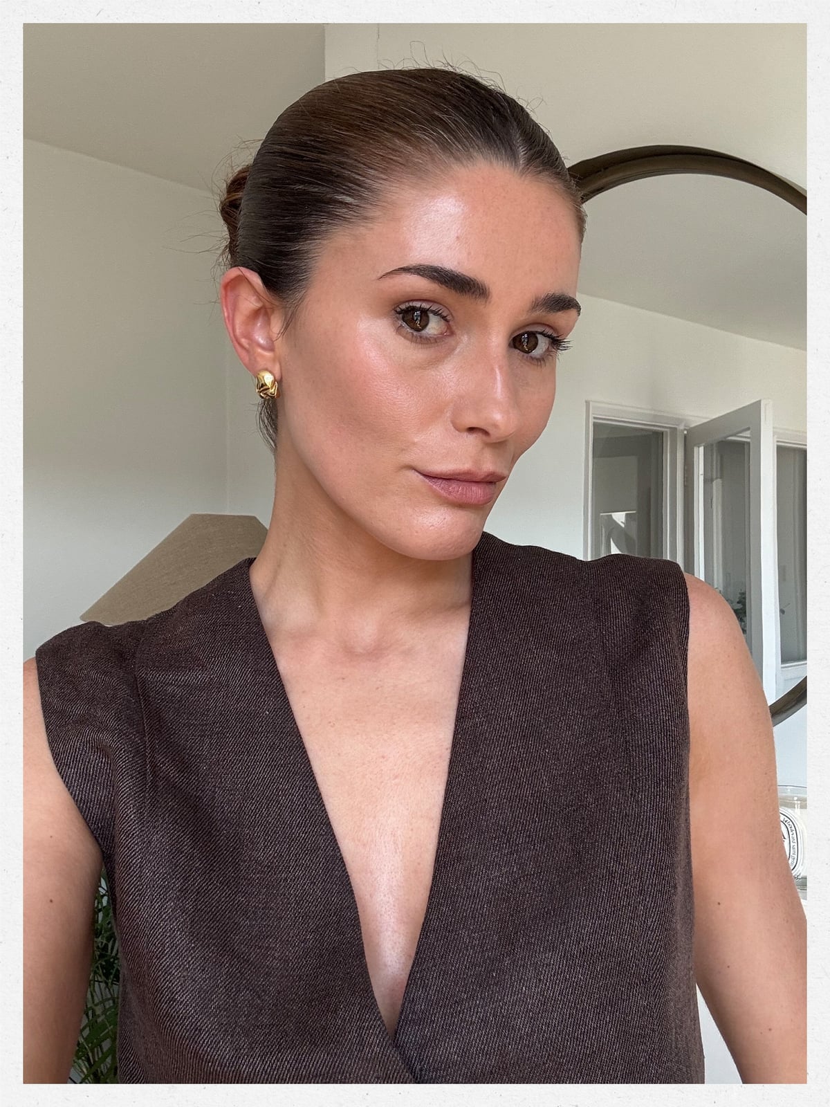 Brown Sleeveless Vest with Deep V-neck — Simple Slicked Back