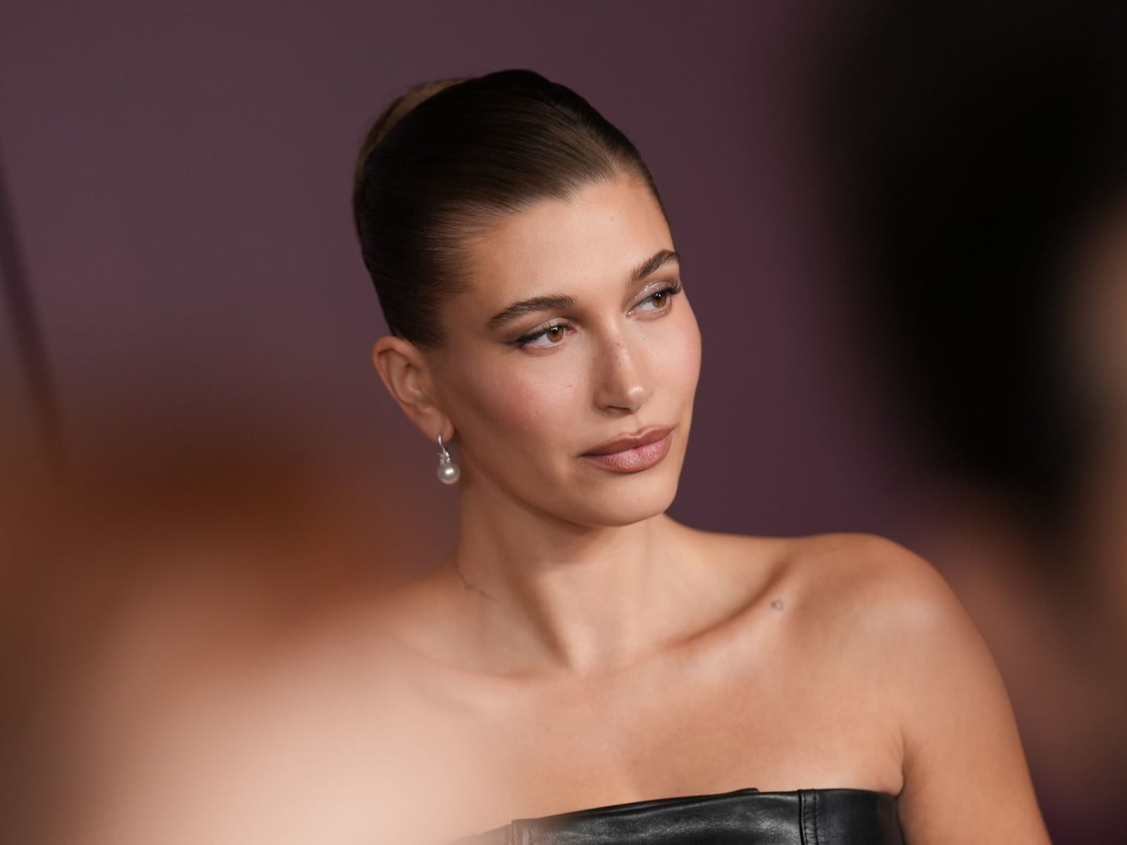 Black Strapless Top with Pearl Drop Earrings — Simple Slicked Back