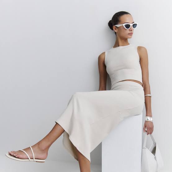Beige Ribbed Crop Top and Midi Skirt Set — Simple Slicked Back