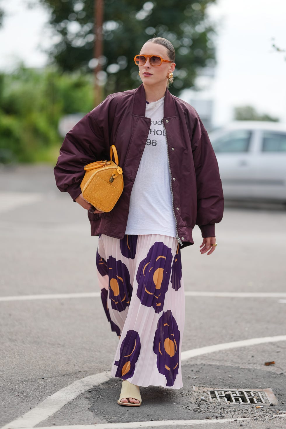 Burgundy Bomber Jacket Over Floral Print Skirt — Simple Slicked Back
