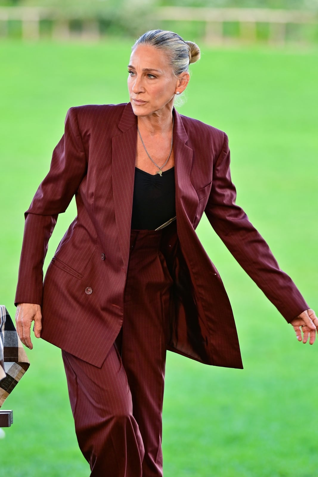Deep Burgundy Pinstripe Suit with Black Tank Top — Simple Slicked Back
