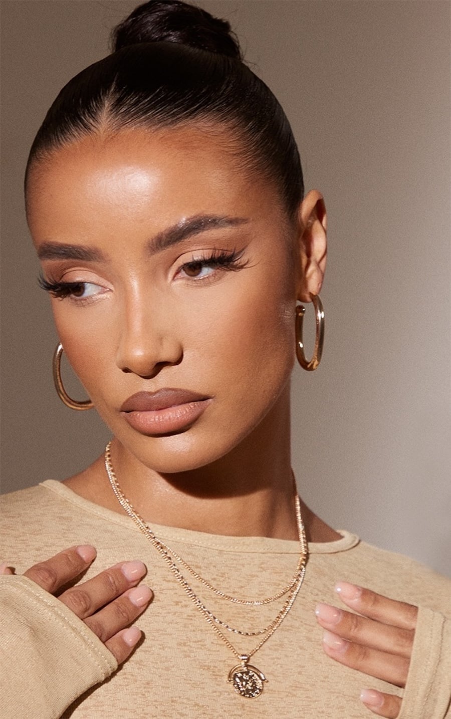 Beige Knit Crewneck Top with Layered Necklaces — Simple Slicked Back