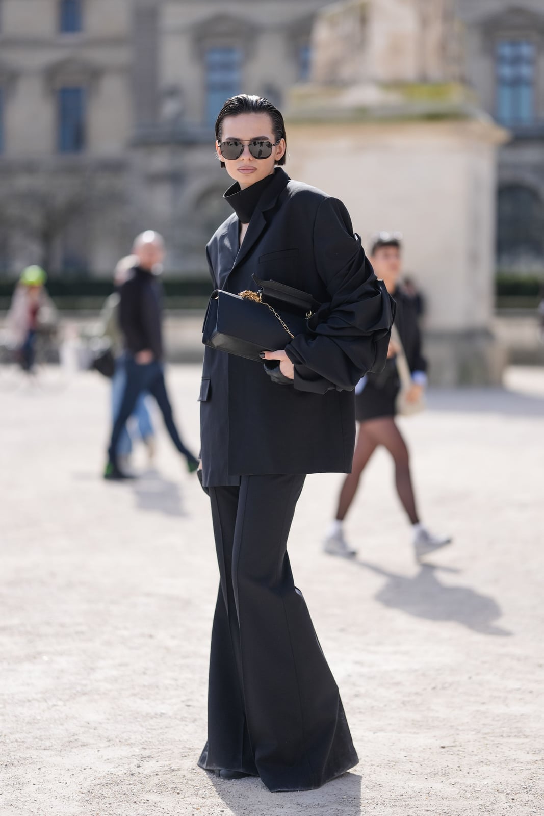 Oversized Black Blazer with Wide-Leg Trousers — Simple Slicked Back