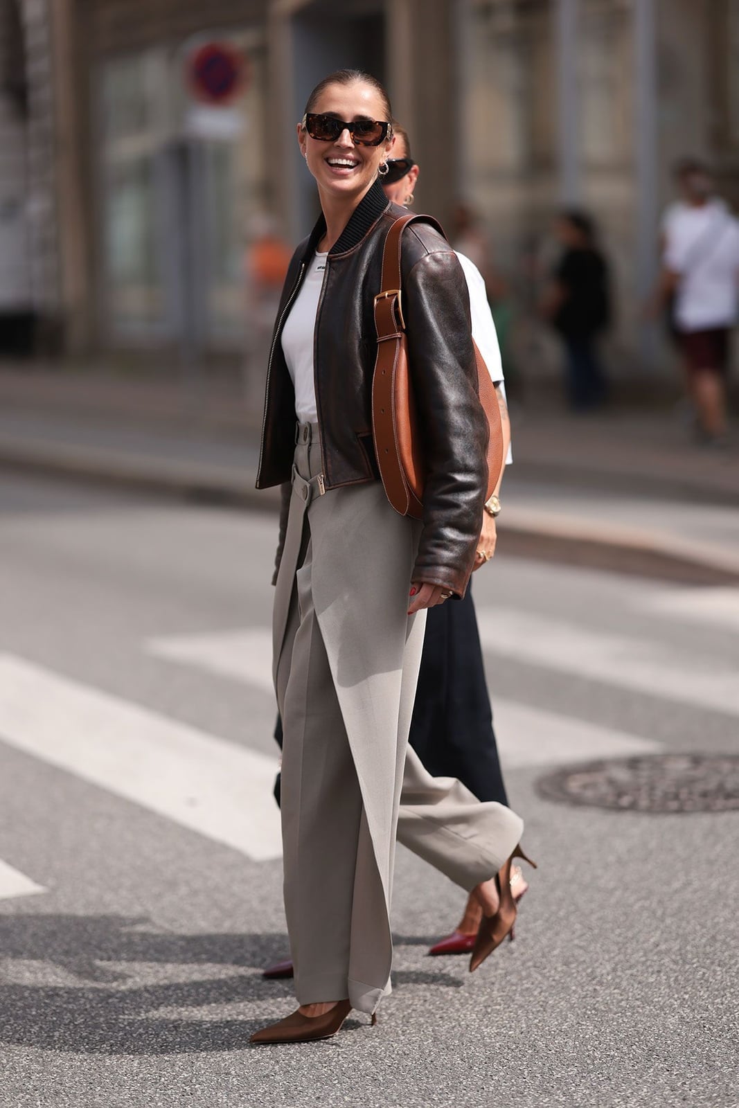 Brown Leather Bomber Jacket With Grey Trousers Brown Leather Bomber Jacket With Grey Trousers — Simple Smart Casual Outfits