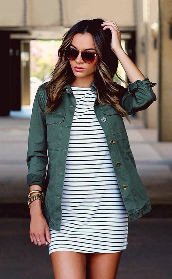 Green Utility Jacket Over Striped Dress Green Utility Jacket Over Striped Dress — Simple Smart Casual Outfits