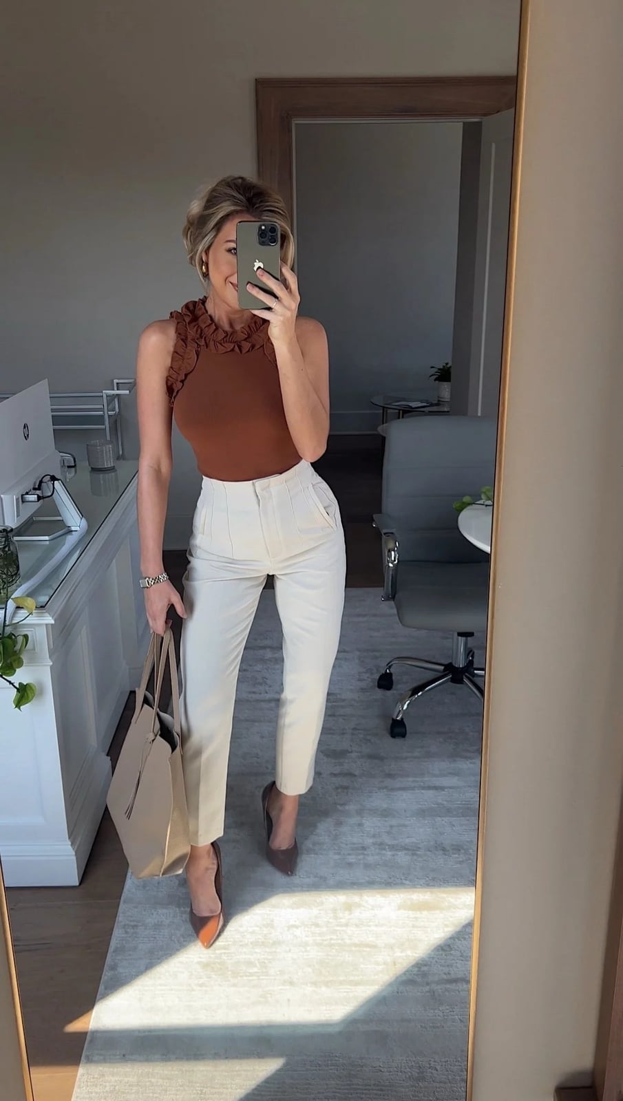 Brown Ruffled Top With Cream Trousers Brown Ruffled Top With Cream Trousers — Simple Smart Casual Outfits
