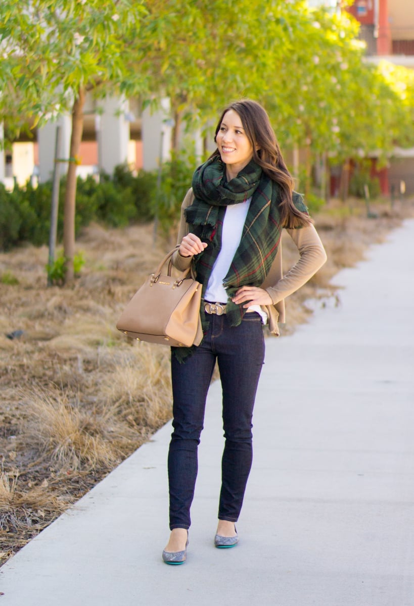 Tan Jacket With Plaid Scarf And Jeans Tan Jacket With Plaid Scarf And Jeans — Simple Smart Casual Outfits