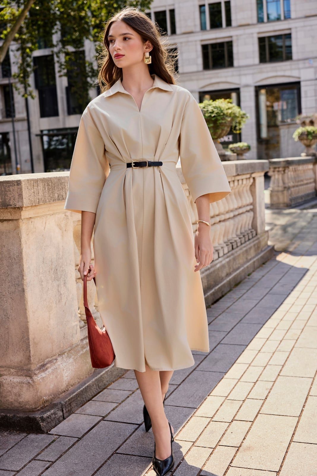 Beige Oversized Midi Dress With Belt Beige Oversized Midi Dress With Belt — Simple Smart Casual Outfits