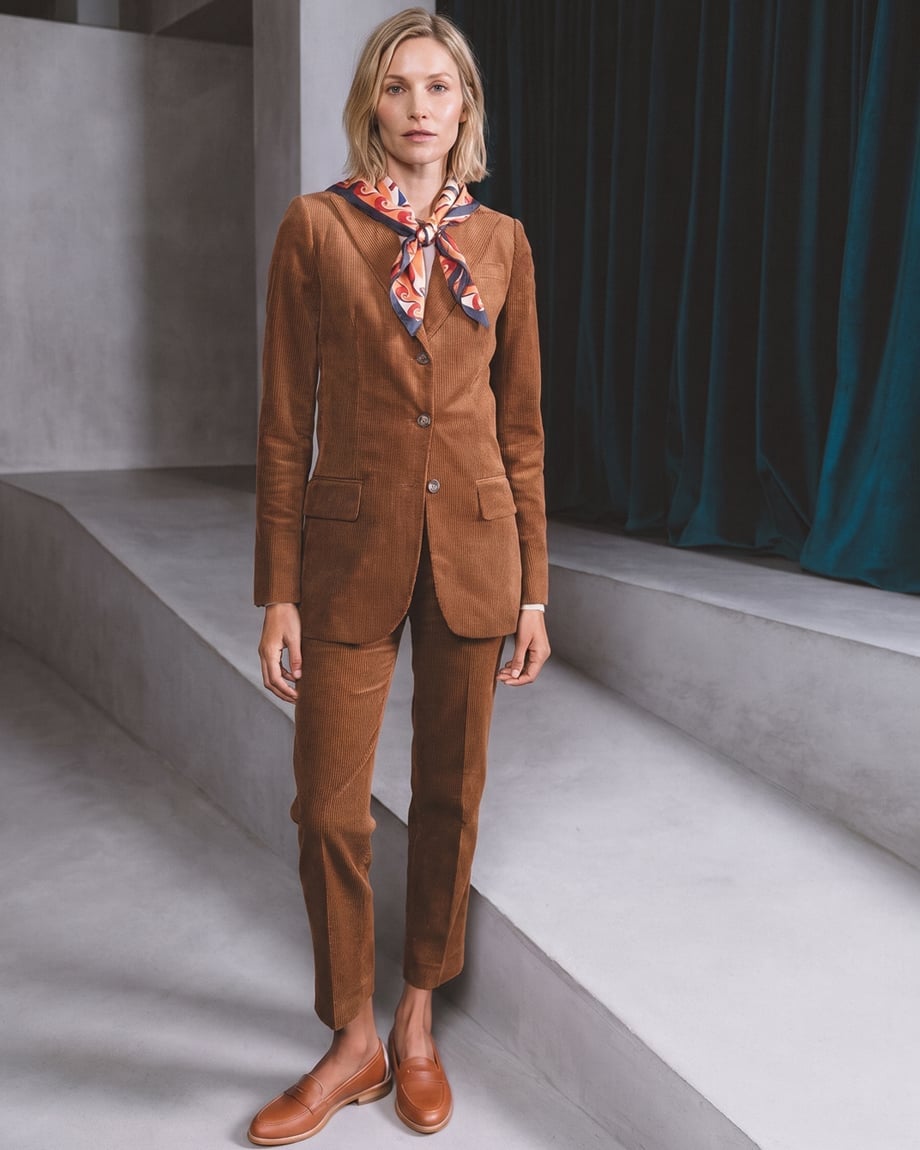 Brown Corduroy Suit With Printed Scarf Brown Corduroy Suit With Printed Scarf — Simple Smart Casual Outfits