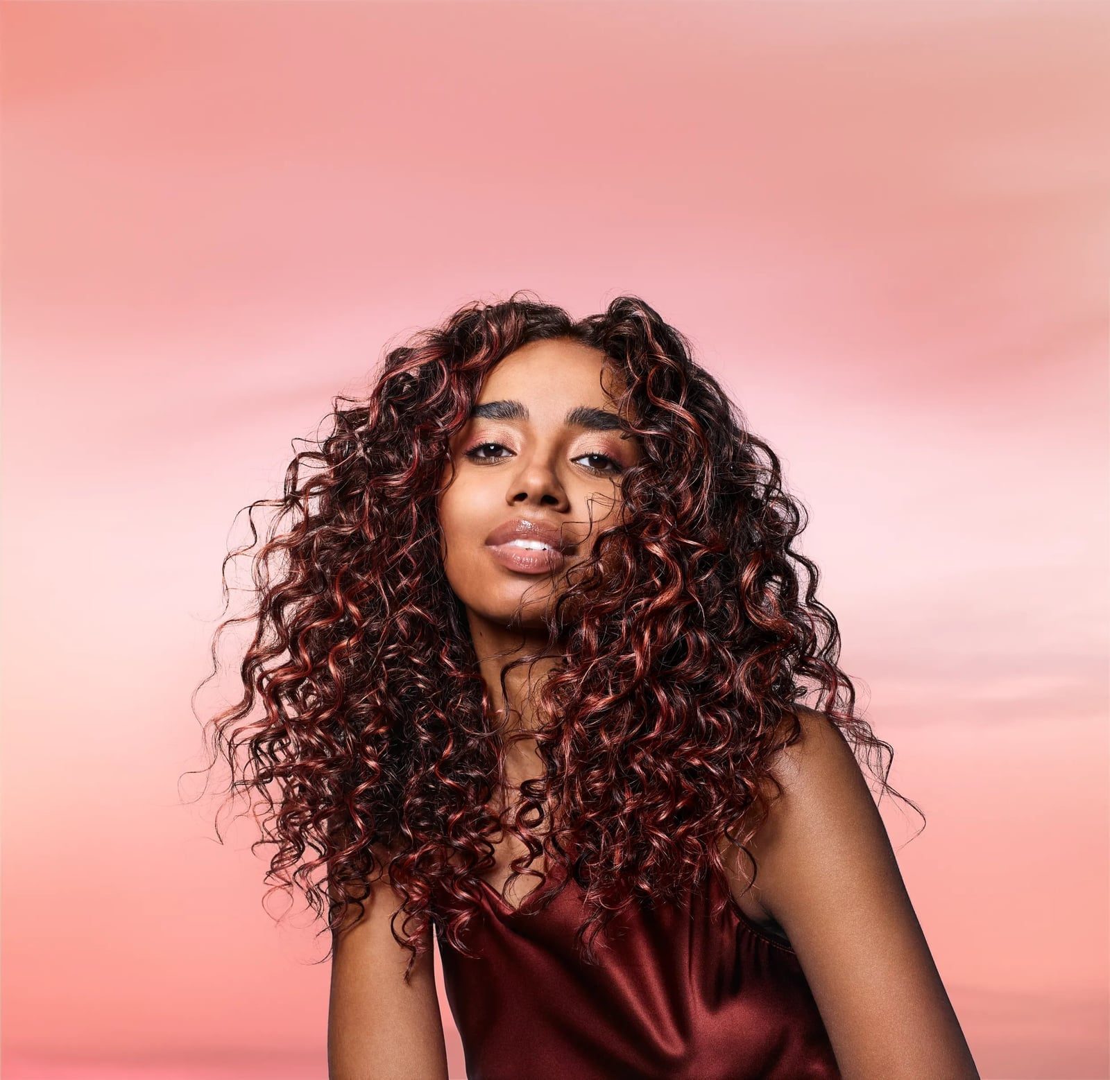 Mid-Back Dark Brown Auburn Blonde Highlight Curls, Curly Mid-Back Dark Brown Auburn Blonde Highlight Curls, Curly — Simple Soft Curls