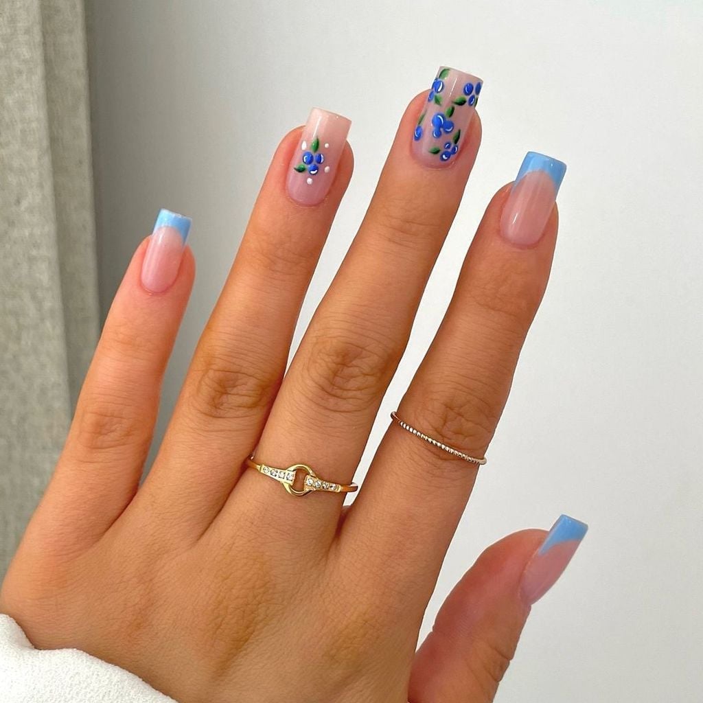 Short Squoval Nude Blue Floral French Nails — Simple Squoval Nails