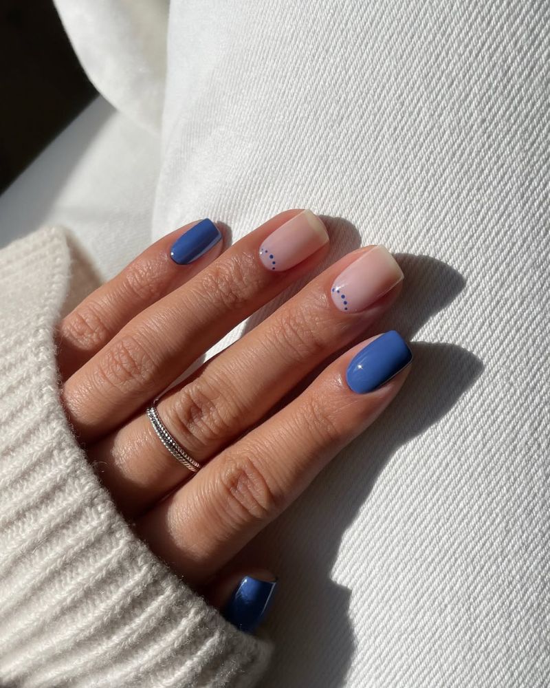Short Squoval Nude Blue Dot Accent Nails — Simple Squoval Nails