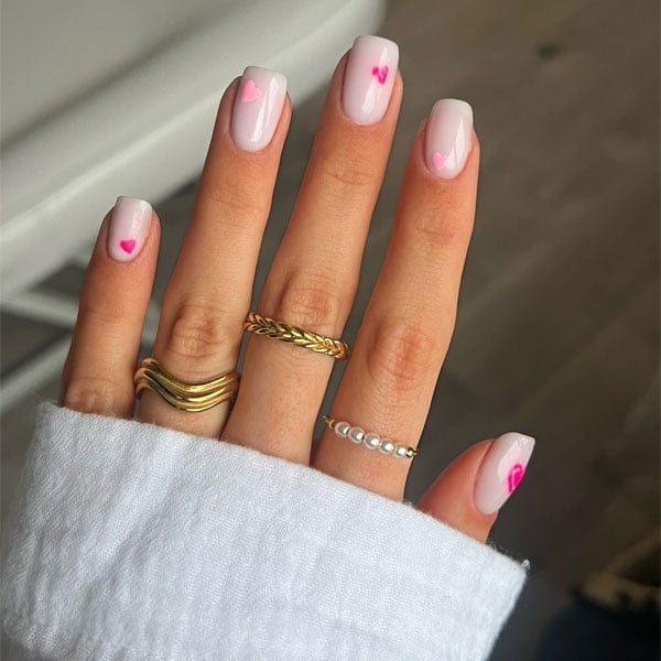 Short Squoval Light Pink Heart Accent Nails — Simple Squoval Nails