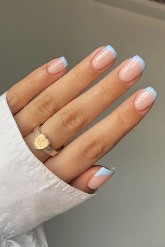 Short Squoval Nude Light Blue French Tip Nails — Simple Squoval Nails
