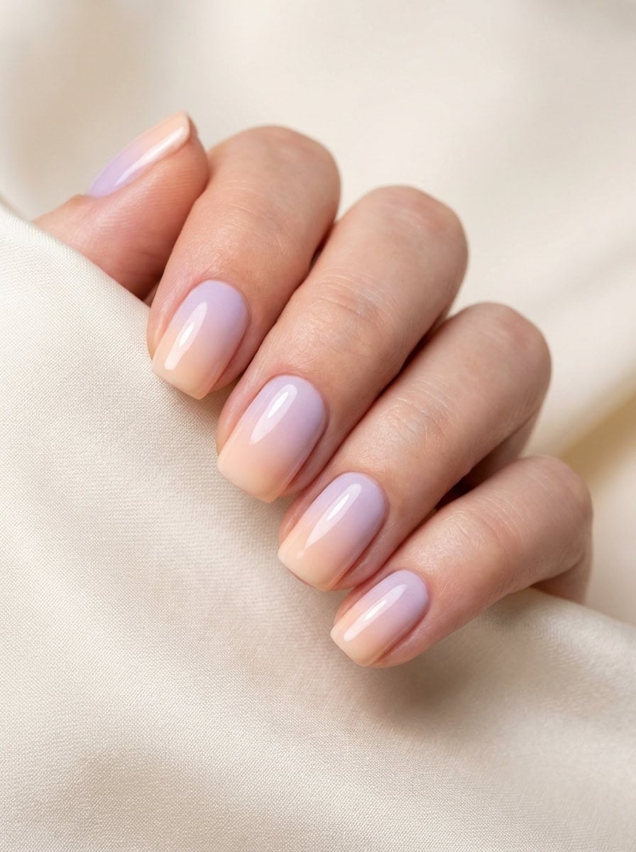 Short Squoval Peach Lavender Jelly Gradient Nails — Simple Squoval Nails