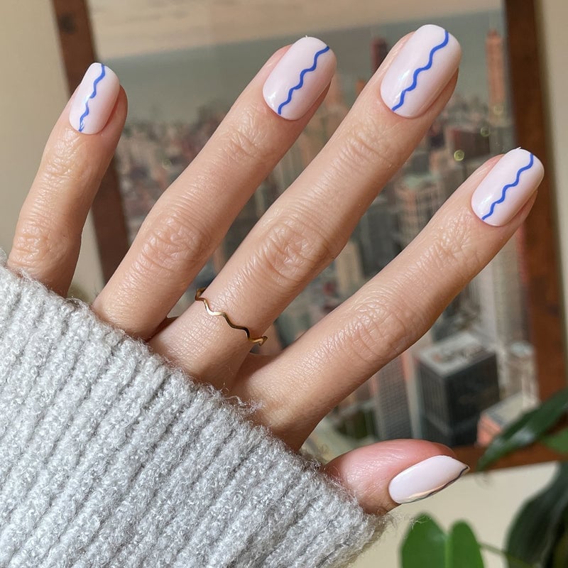 Short Squoval Sheer Pink Wavy Line Nails — Simple Squoval Nails