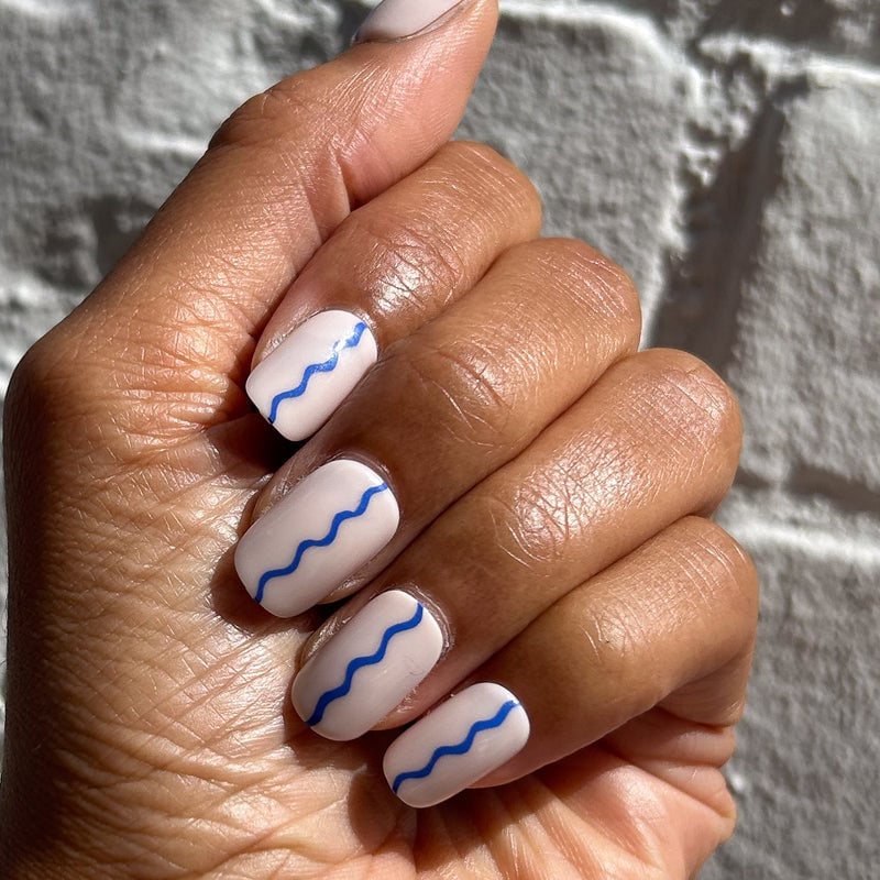 Short Squoval Nude Blue Wavy Line Nails — Simple Squoval Nails