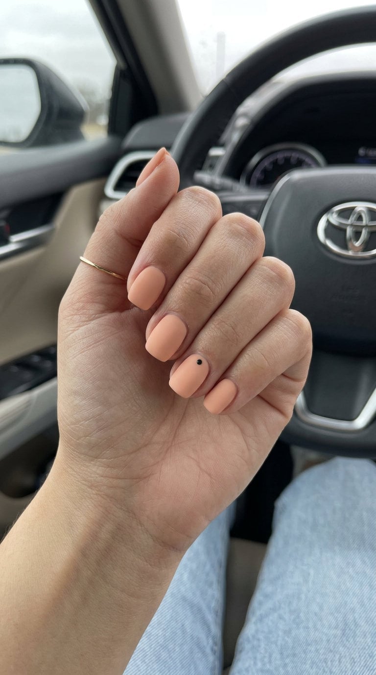Short Square Matte Peach Dot Nails — Simple Squoval Nails