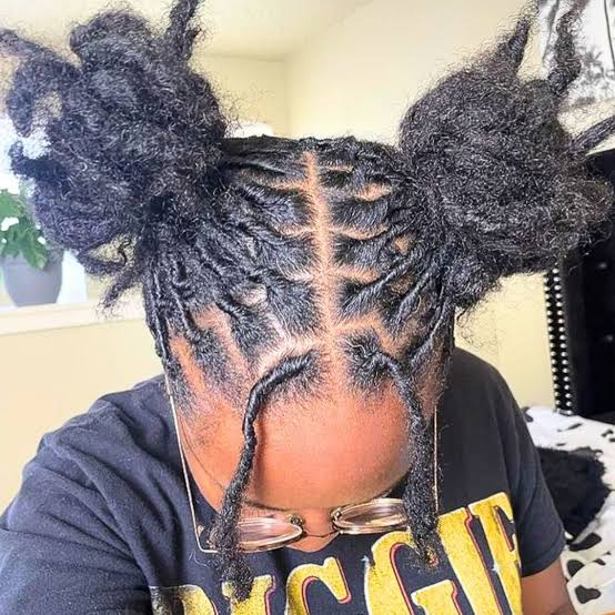 Shoulder Length Thick Coily Black Starter Locs Two Buns Shoulder Length Thick Coily Black Starter Locs Two Buns — Simple Starter Locs