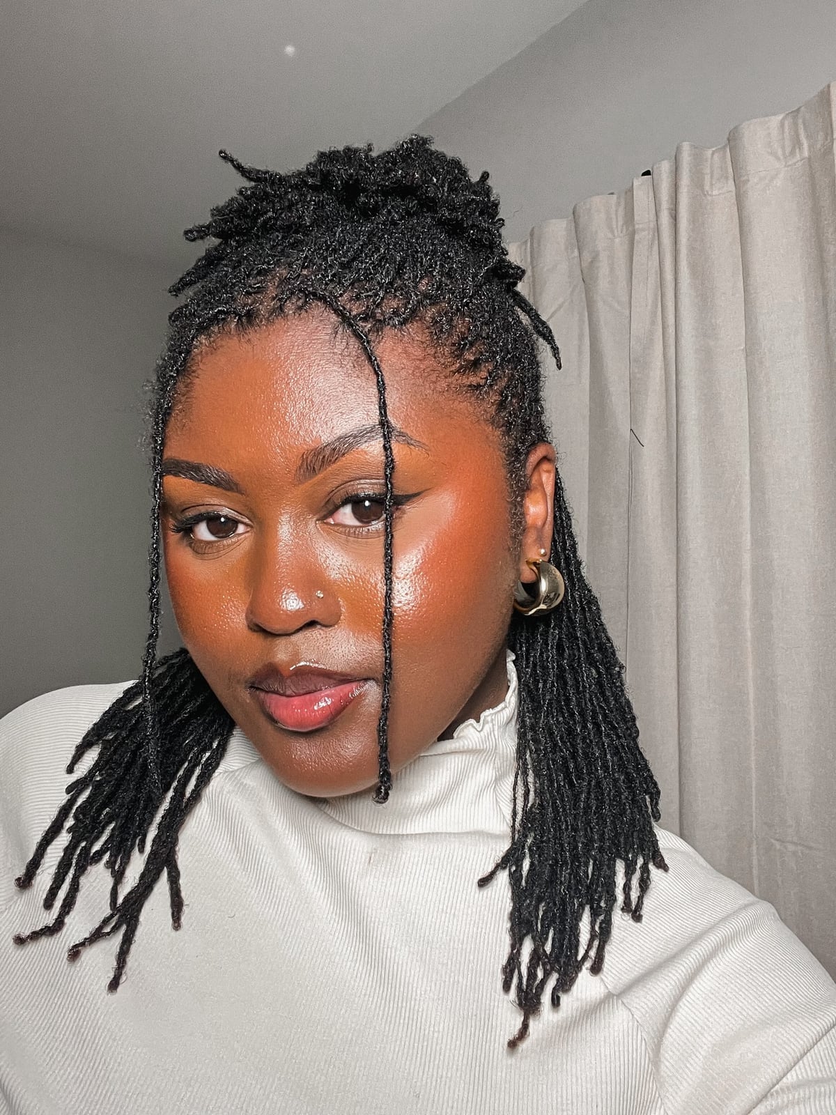 Shoulder Length Black Fine Locs Half Updo Shoulder Length Black Fine Locs Half Updo — Simple Starter Locs