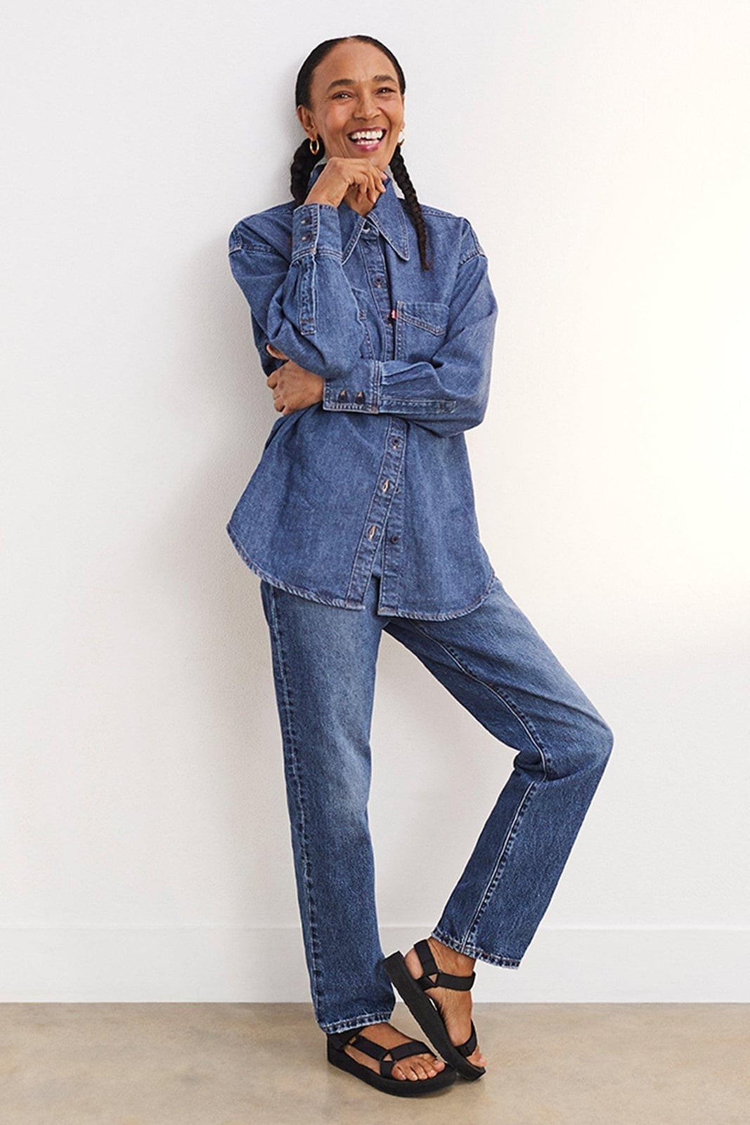 Medium Blue Denim Shirt and Matching Straight Leg Jeans Medium Blue Denim Shirt and Matching Straight Leg Jeans — Simple Straight Leg Jeans Outfits